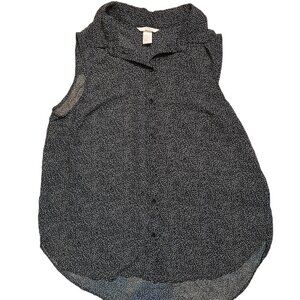 H&M ‎ Sleeveless Button Up Blouse Black with White Dot Pattern  Size 12 / L EUC